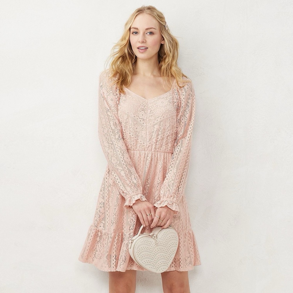 LC Lauren Conrad Square Neck Long Sleeve Lined Lace Light Pink Mini Dress XXL